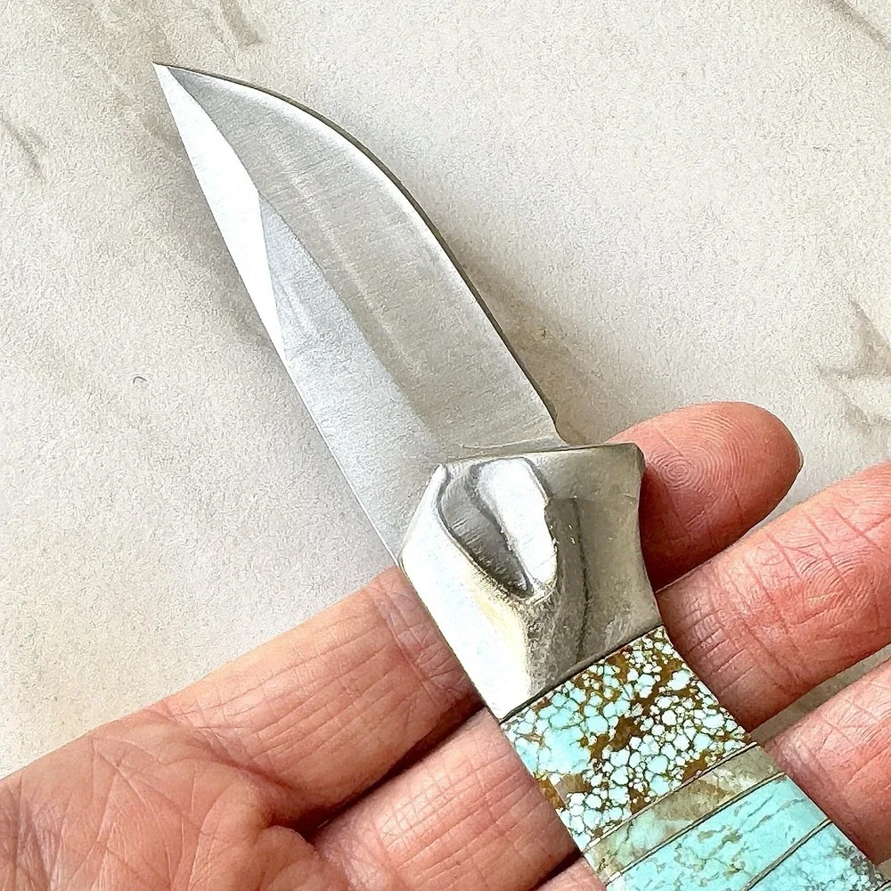 Native Amer Navajo Hunting Knife Number 8 Turquoise Francisco Drop Point Mosaic1